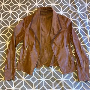 Vegan, brown, leather jacket. Size small. Open front with vegan suede interior.